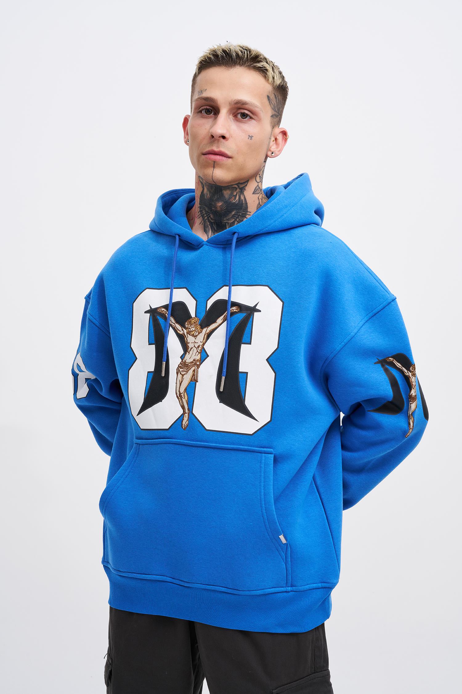 Erkek 88 Jesus Baskılı Oversize Sweatshirt Saks Mavi
