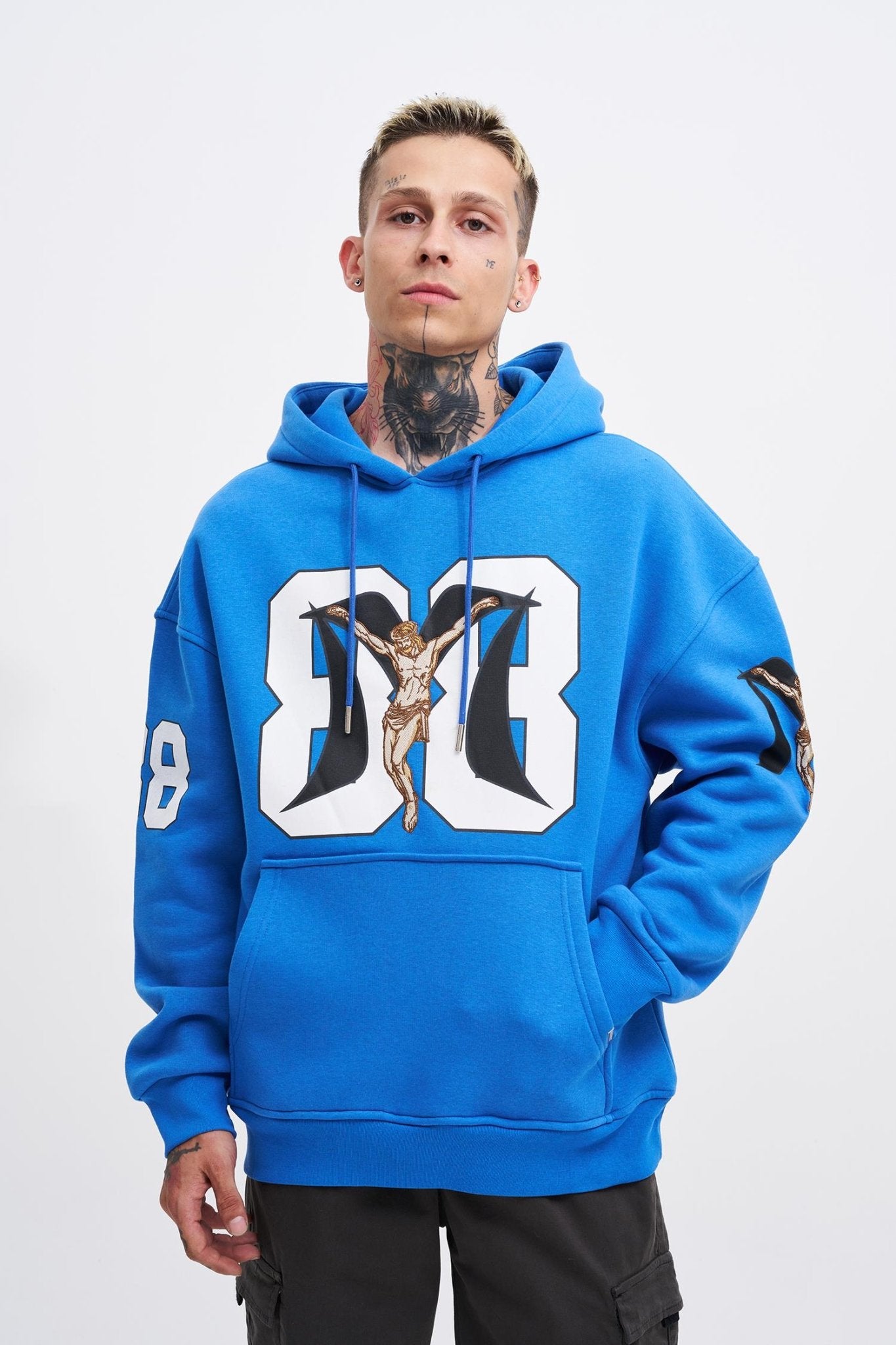 Erkek 88 Jesus Baskılı Oversize Sweatshirt Saks Mavi