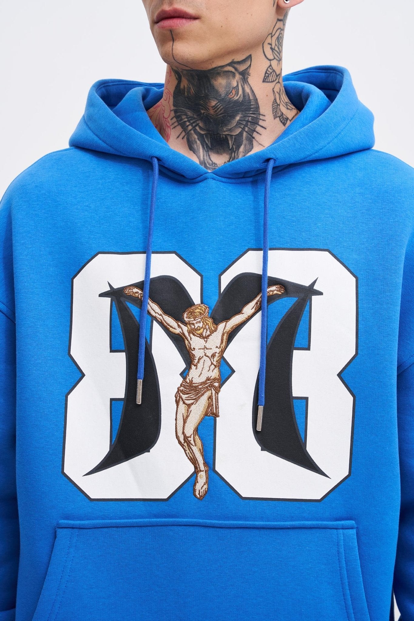 Erkek 88 Jesus Baskılı Oversize Sweatshirt Saks Mavi