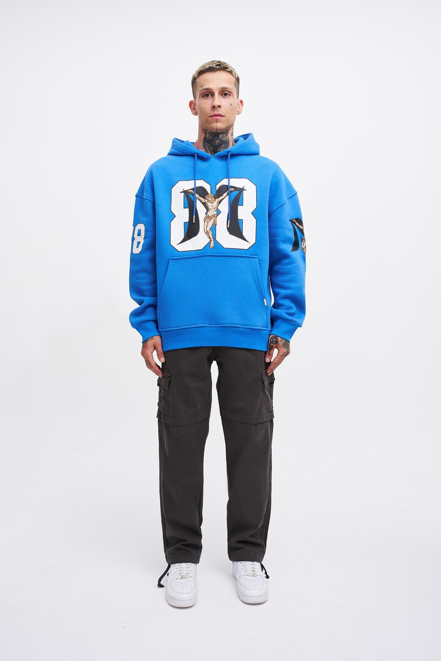 Erkek 88 Jesus Baskılı Oversize Sweatshirt Saks Mavi