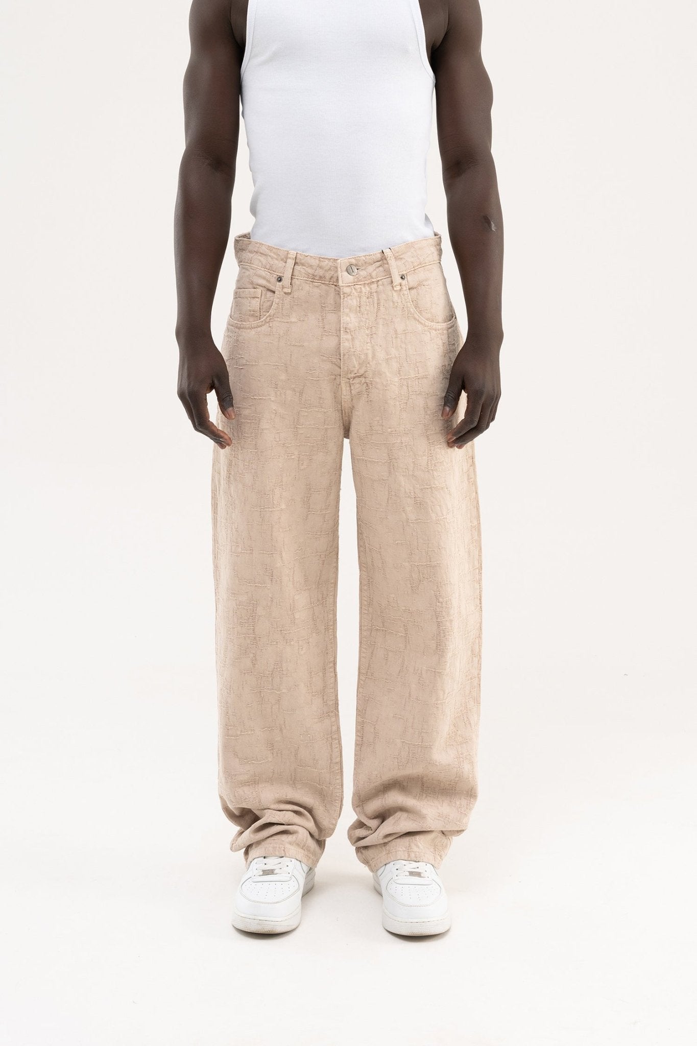 Erkek Abstract Distressed Patterned Baggy Jean Pantolon Bej