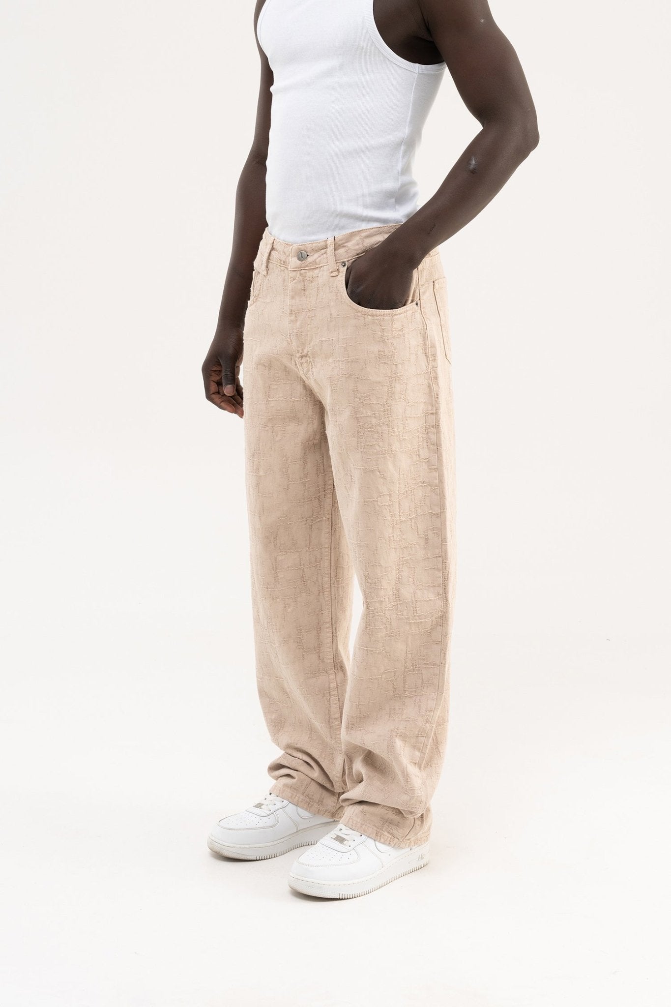 Erkek Abstract Distressed Patterned Baggy Jean Pantolon Bej