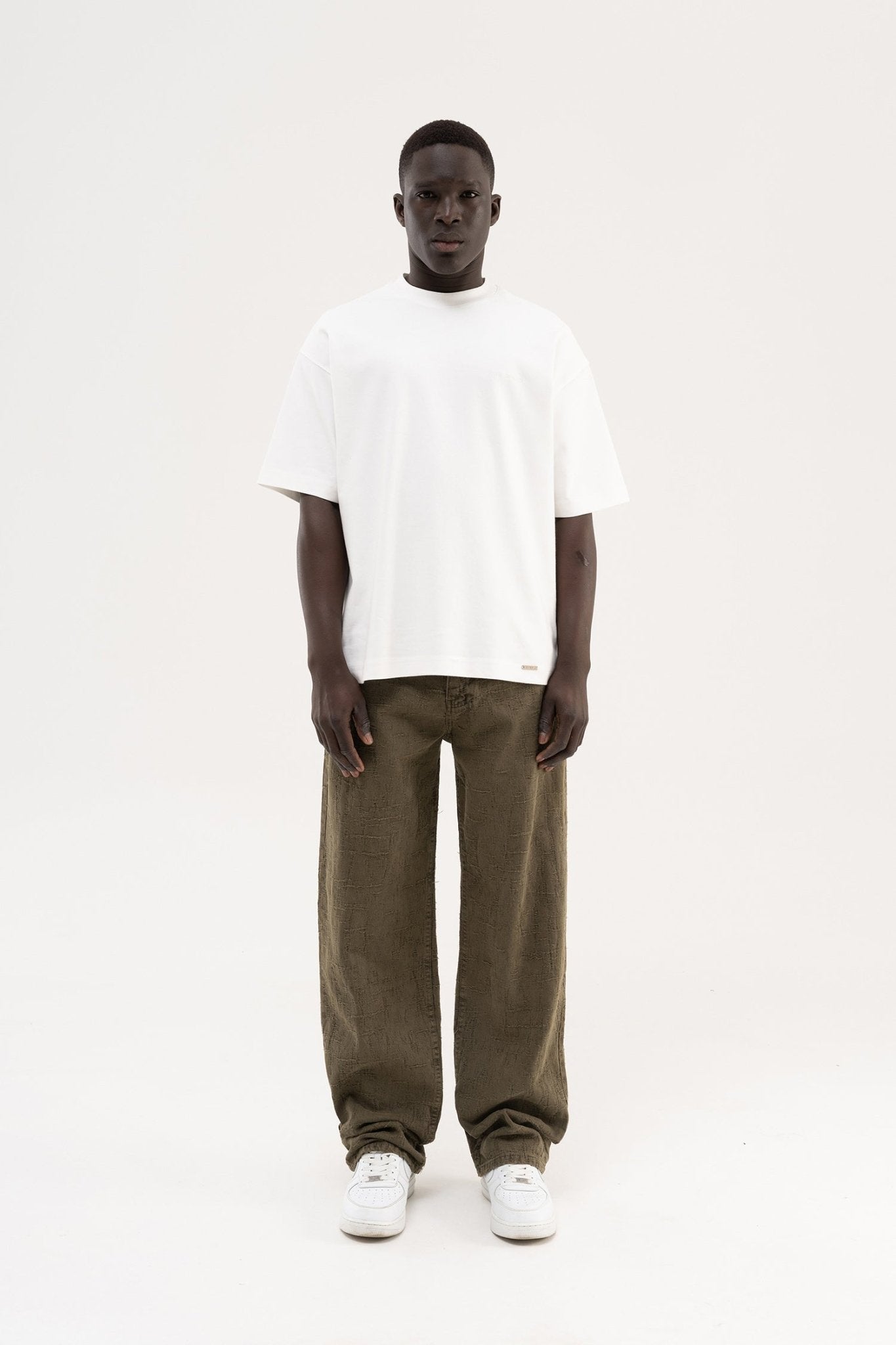 Erkek Abstract Distressed Patterned Baggy Jean Pantolon Haki