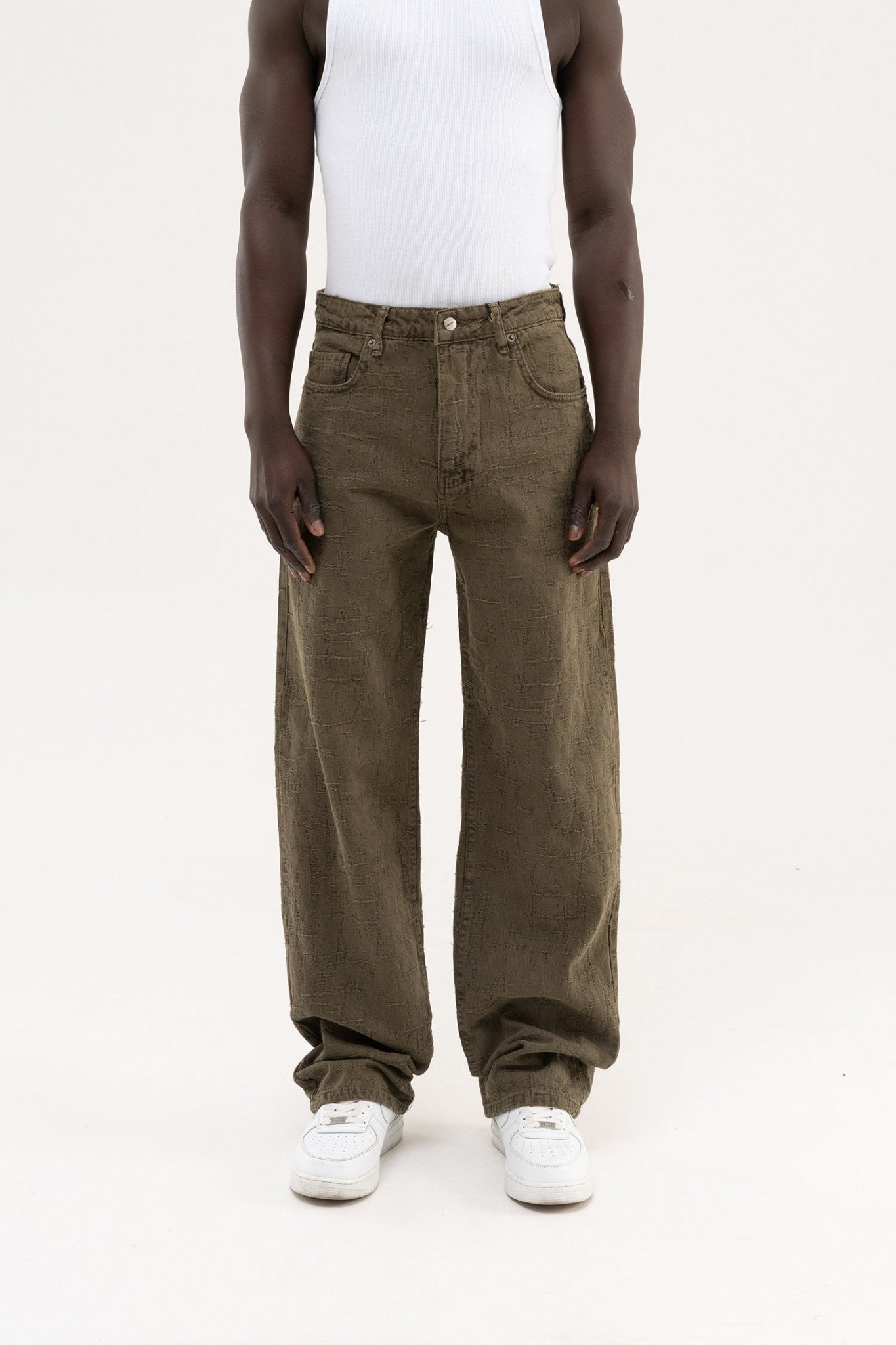 Erkek Abstract Distressed Patterned Baggy Jean Pantolon Haki