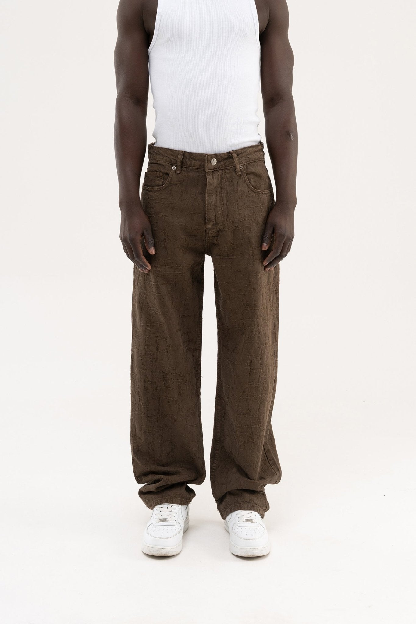 Erkek Abstract Distressed Patterned Baggy Jean Pantolon Kahverengi