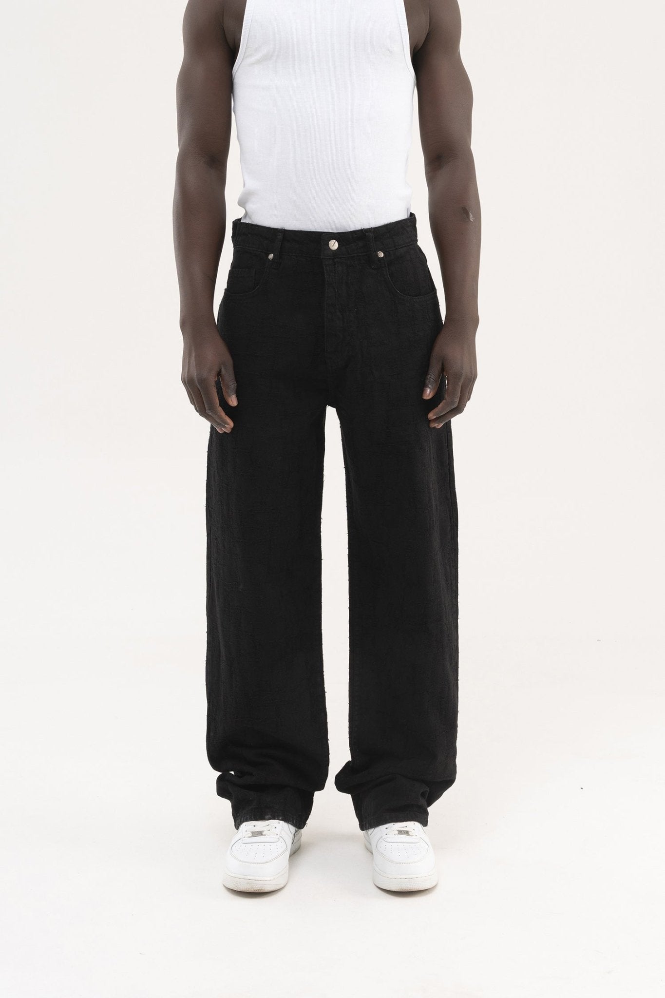 Erkek Abstract Distressed Patterned Baggy Jean Pantolon Siyah