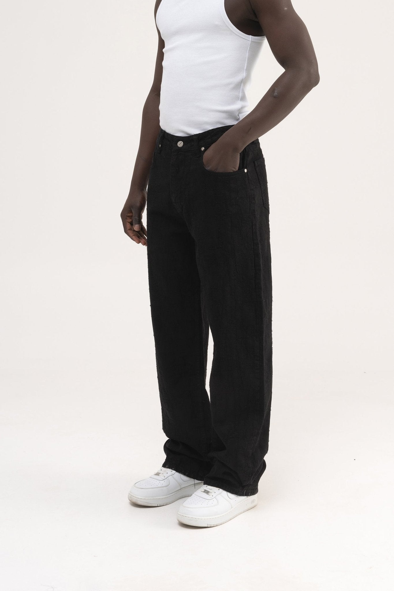Erkek Abstract Distressed Patterned Baggy Jean Pantolon Siyah