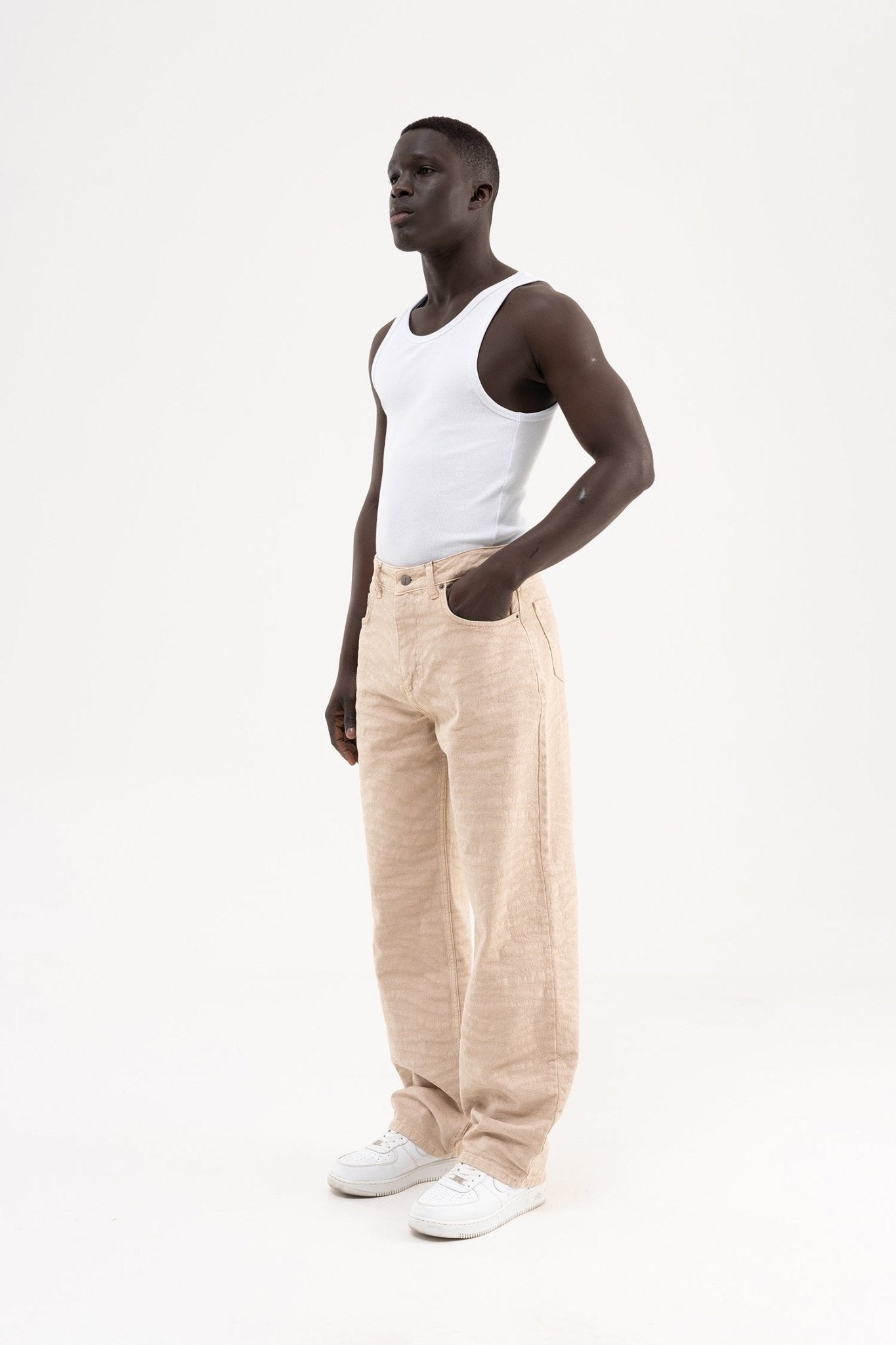 Erkek Abstract Patterned Baggy Jean Pantolon Bej