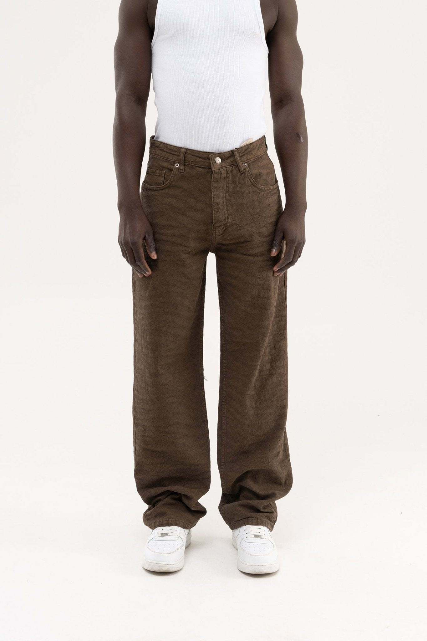 Erkek Abstract Patterned Baggy Jean Pantolon Kahverengi