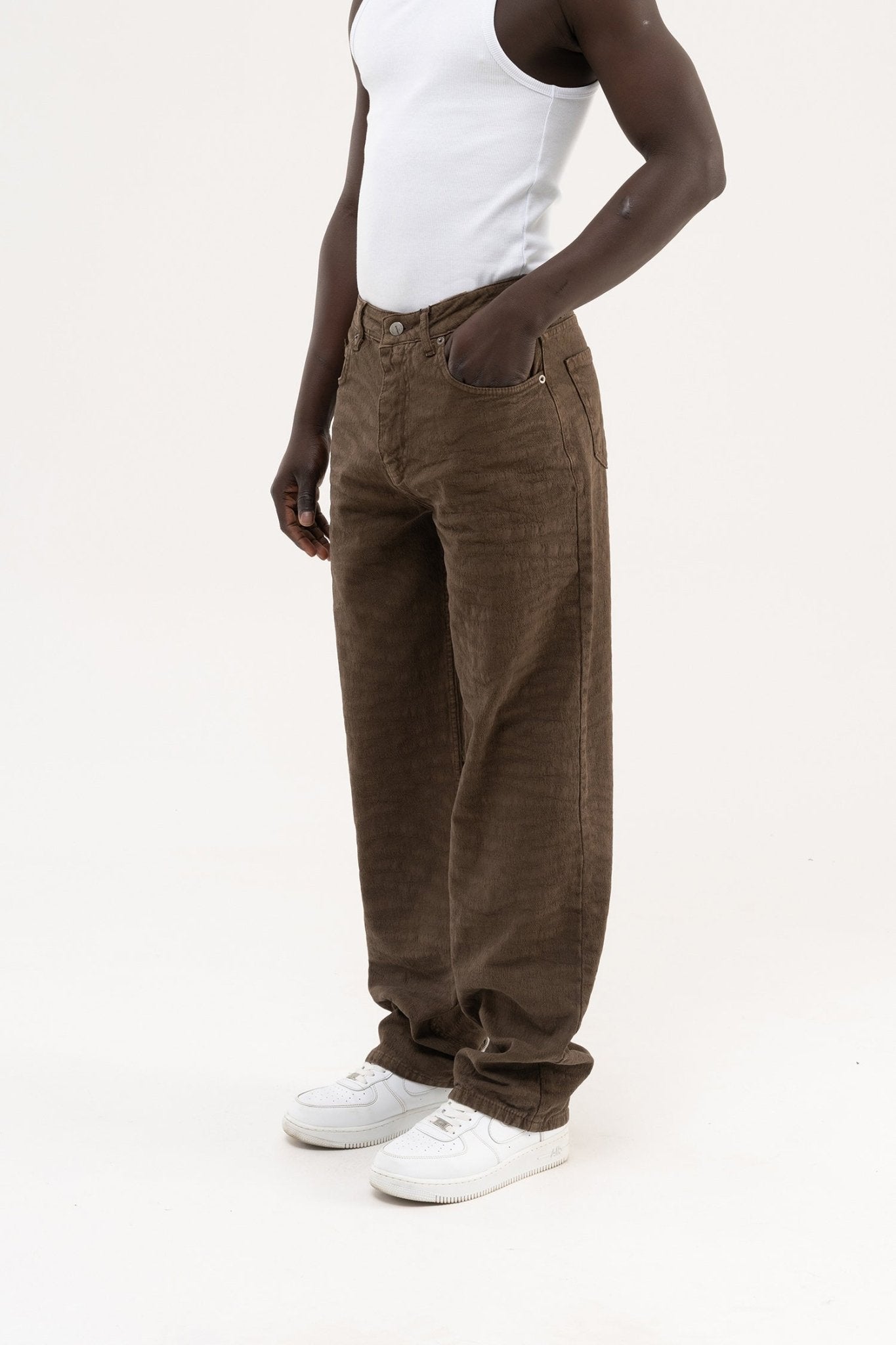 Erkek Abstract Patterned Baggy Jean Pantolon Kahverengi
