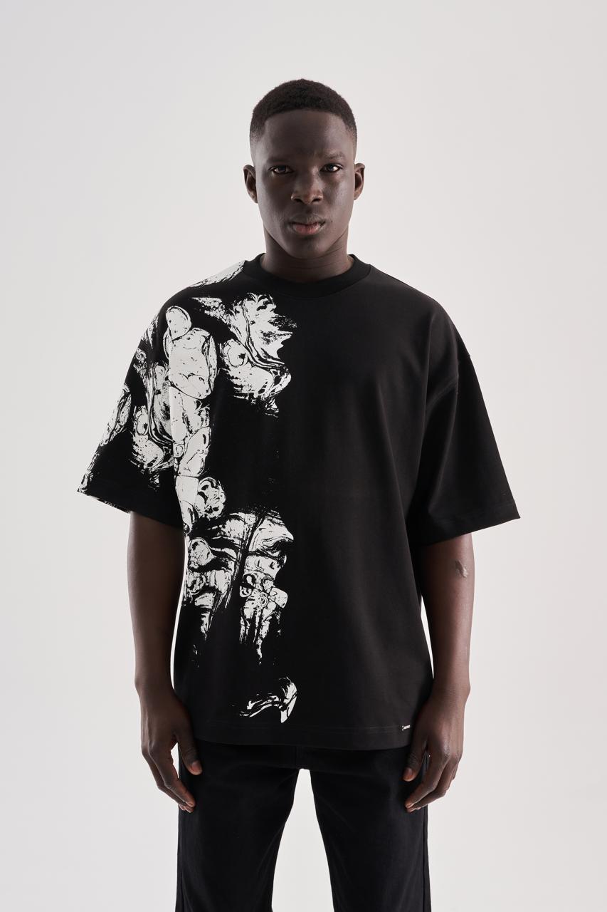 Erkek Abstract Printed Oversize Tişört Siyah