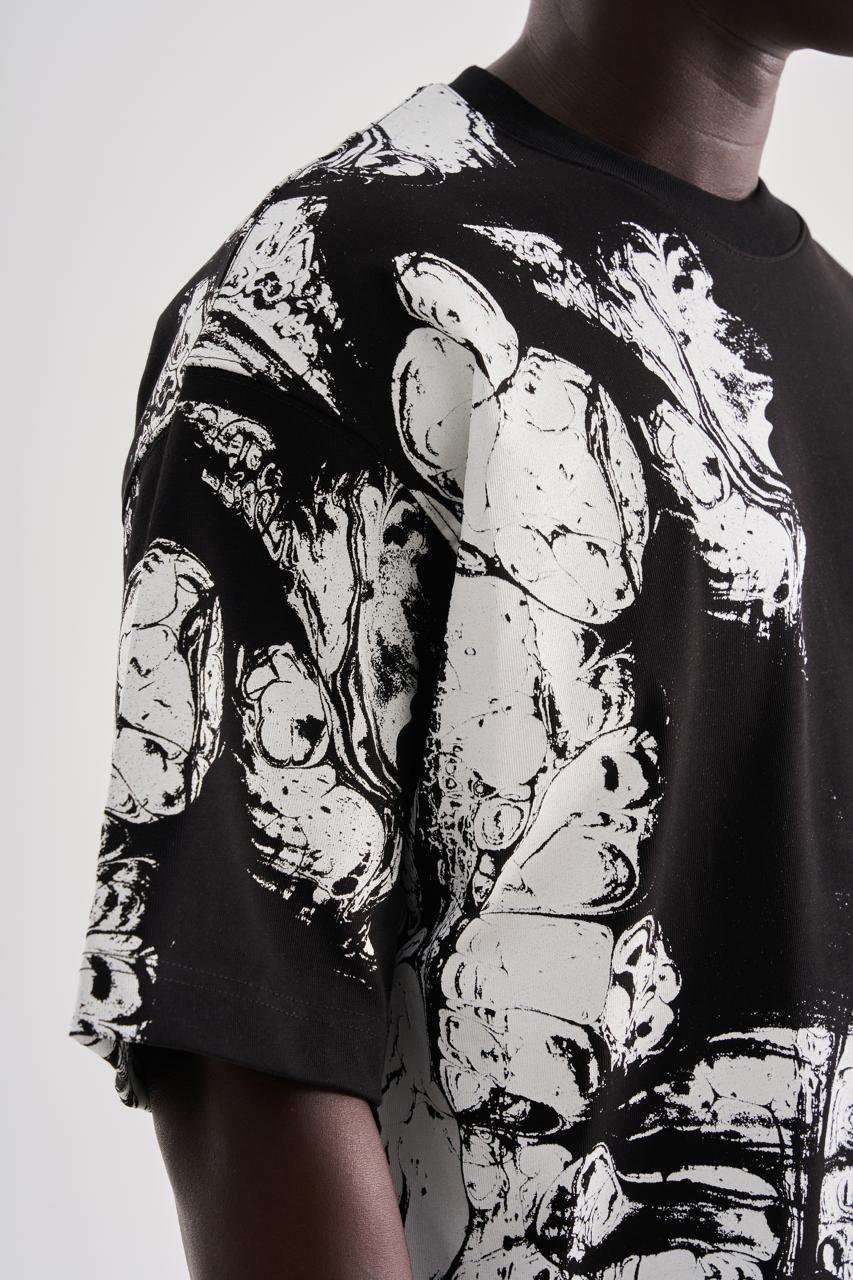 Erkek Abstract Printed Oversize Tişört Siyah