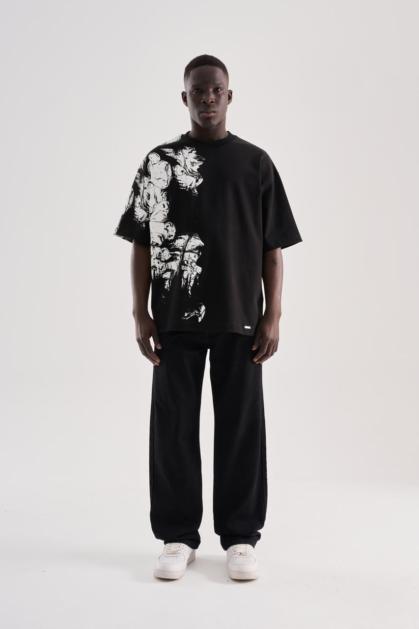 Erkek Abstract Printed Oversize Tişört Siyah