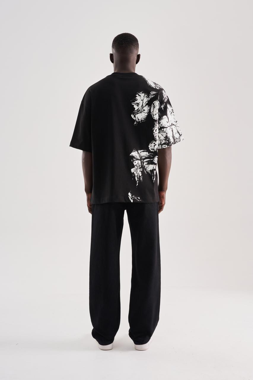 Erkek Abstract Printed Oversize Tişört Siyah