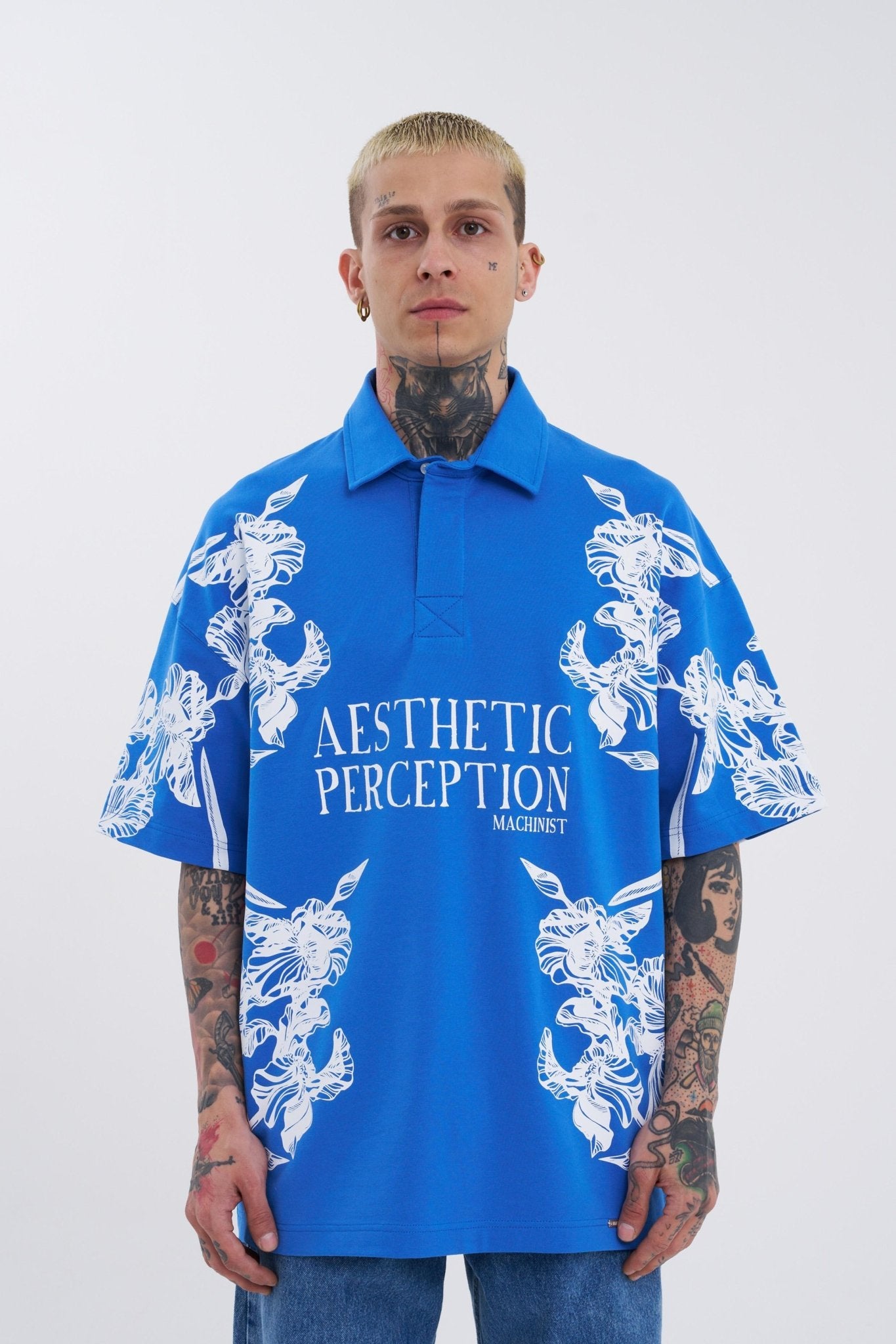 Erkek Aesthetic Flower Baskılı Polo Yaka Tişört Açık Mavi