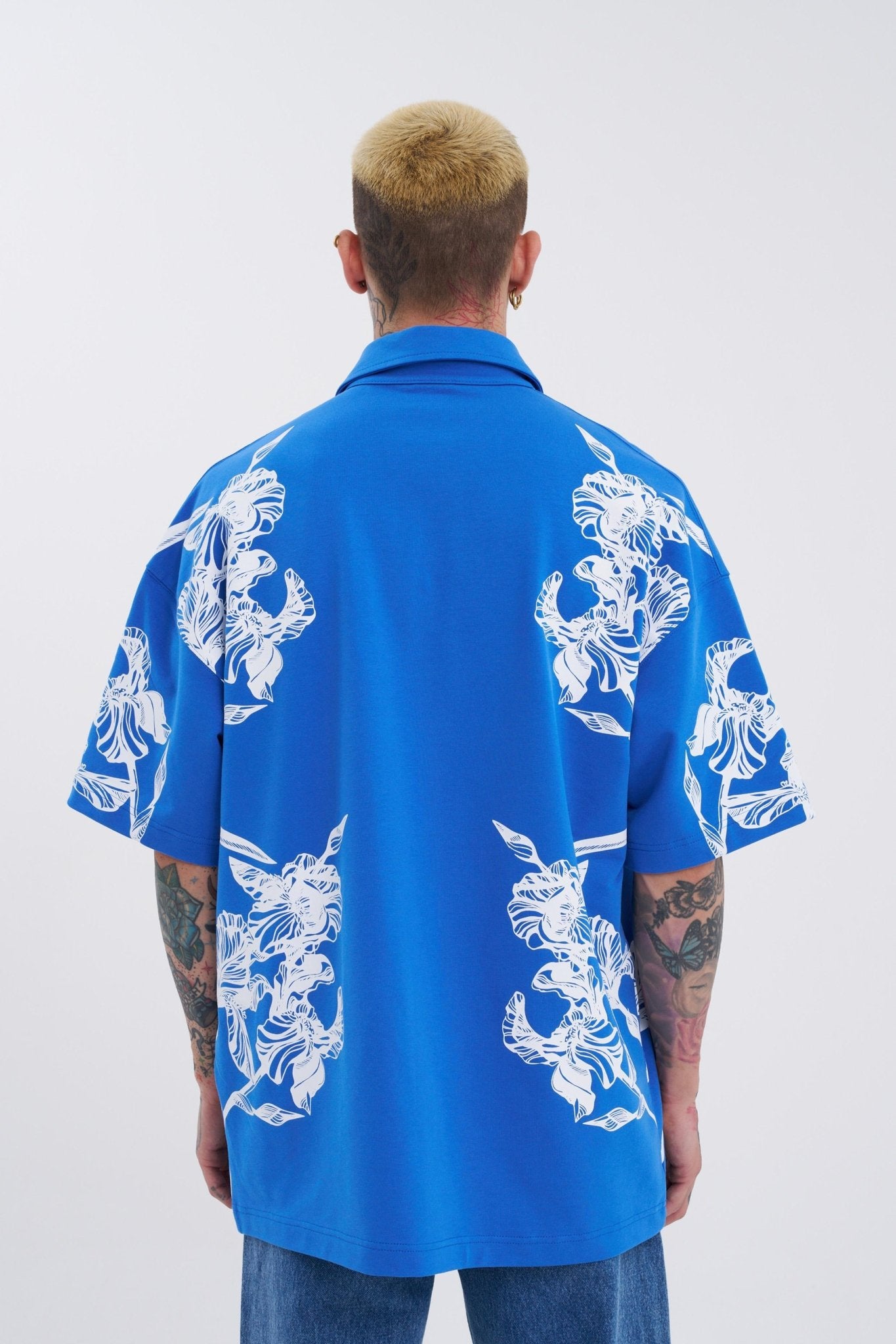 Erkek Aesthetic Flower Baskılı Polo Yaka Tişört Açık Mavi