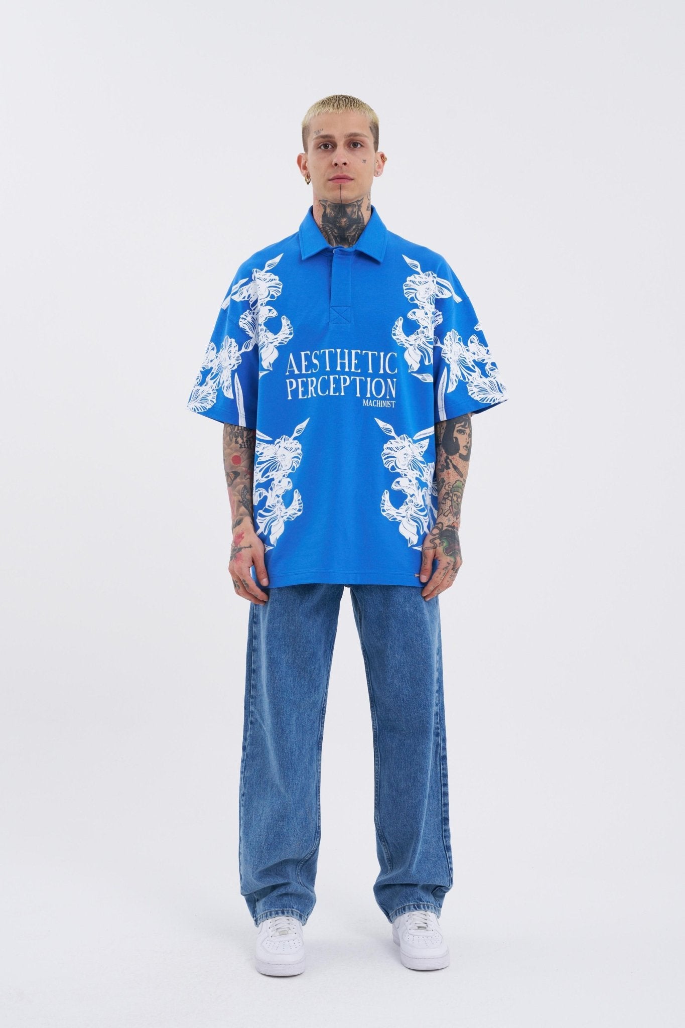 Erkek Aesthetic Flower Baskılı Polo Yaka Tişört Açık Mavi