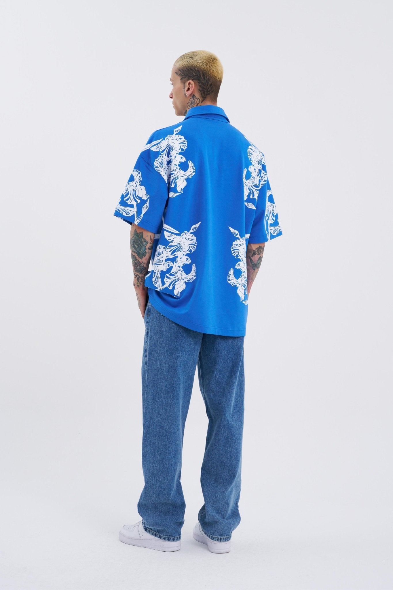 Erkek Aesthetic Flower Baskılı Polo Yaka Tişört Açık Mavi