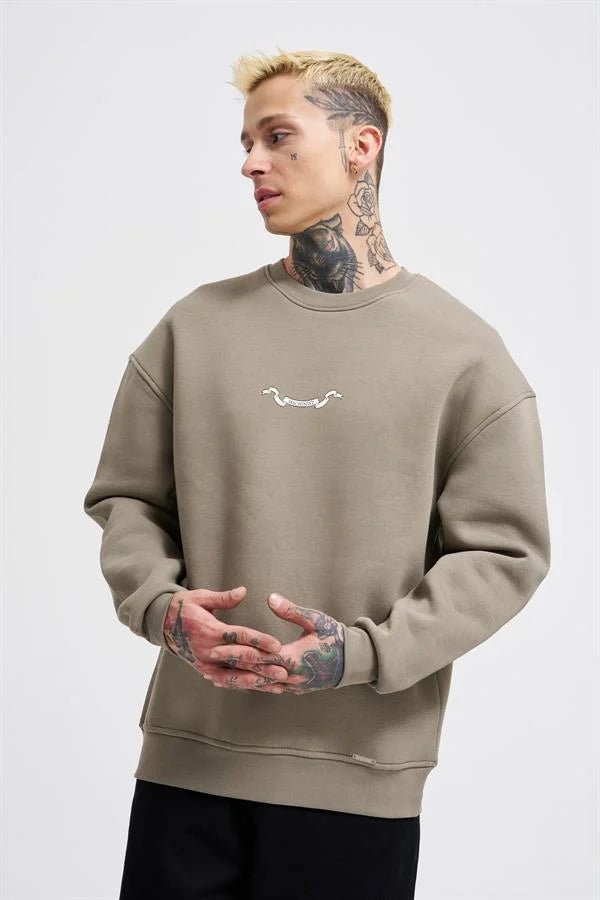 Erkek Angel and Ribbon Printed Sweatshirt Haki