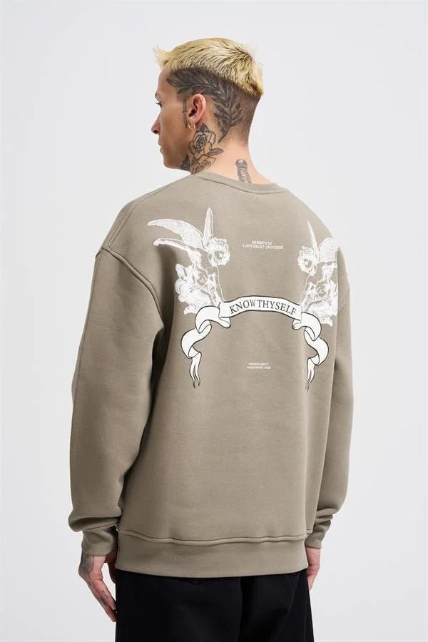Erkek Angel and Ribbon Printed Sweatshirt Haki