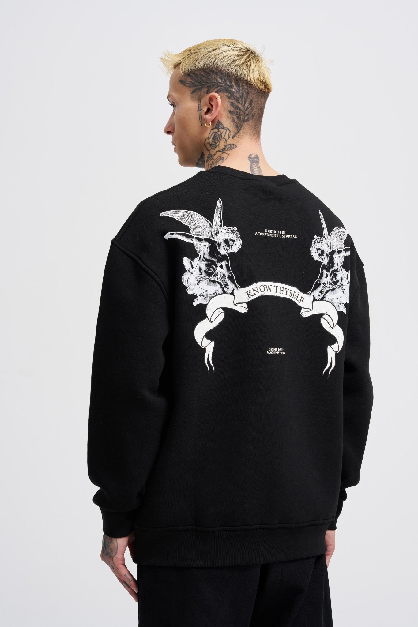 Erkek Angel and Ribbon Printed Sweatshirt Siyah