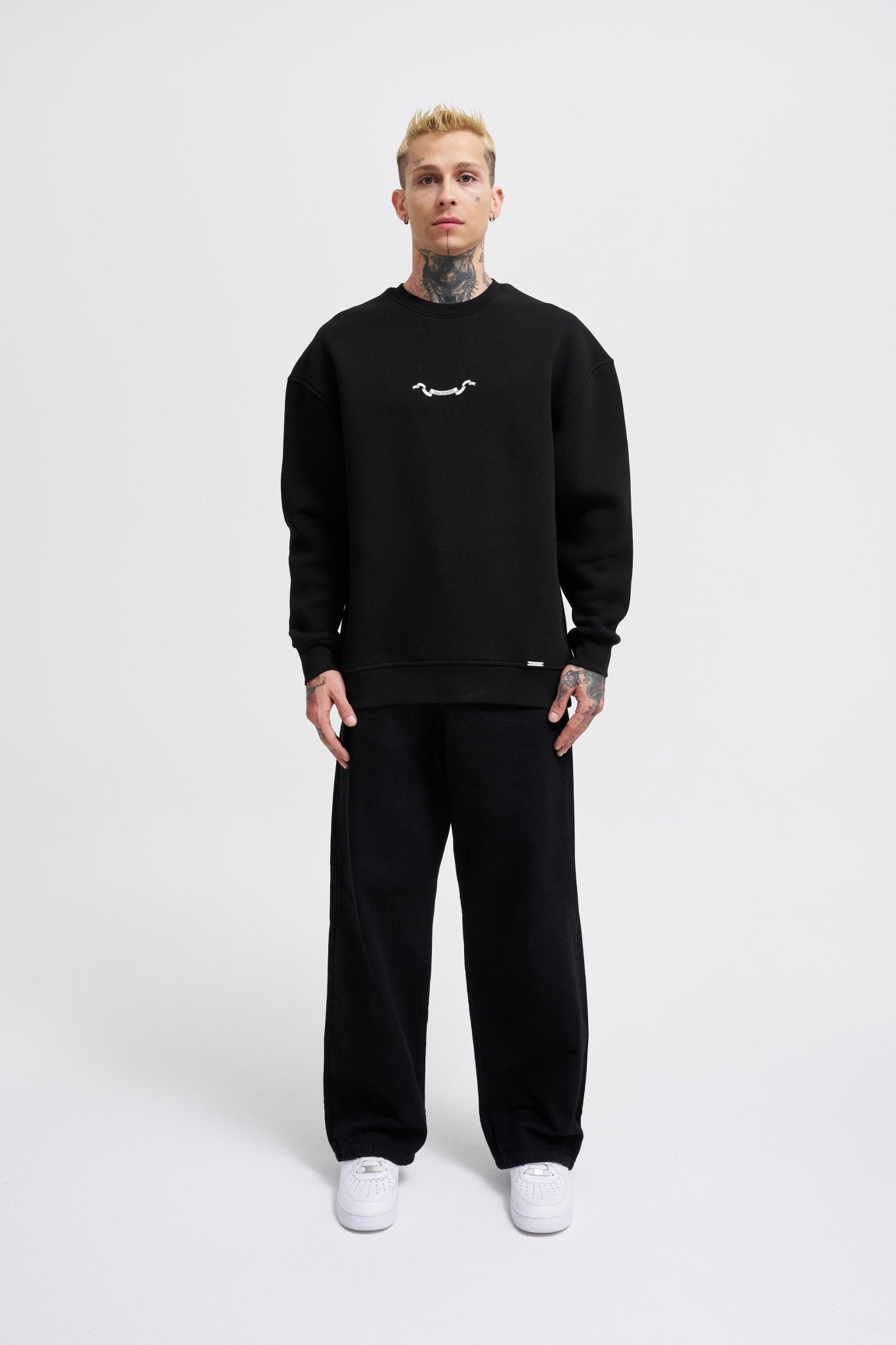 Erkek Angel and Ribbon Printed Sweatshirt Siyah