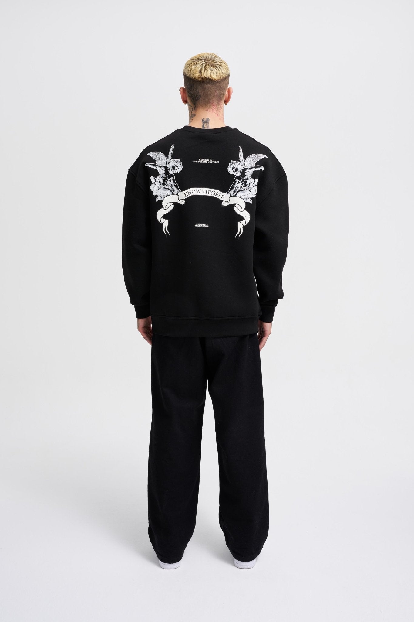 Erkek Angel and Ribbon Printed Sweatshirt Siyah