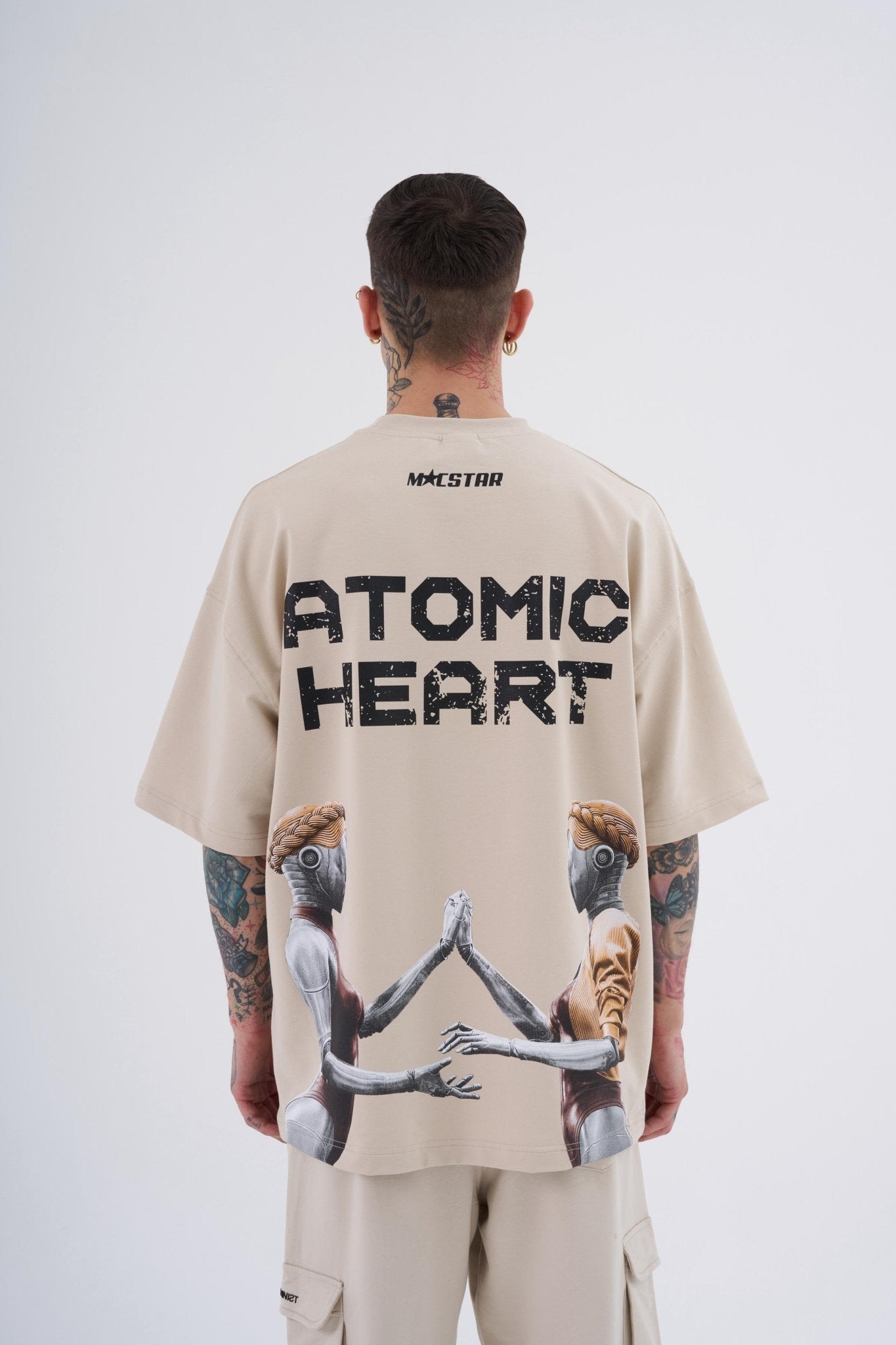 Erkek Atomic Heart Baskılı Oversize Tişört Açık Bej