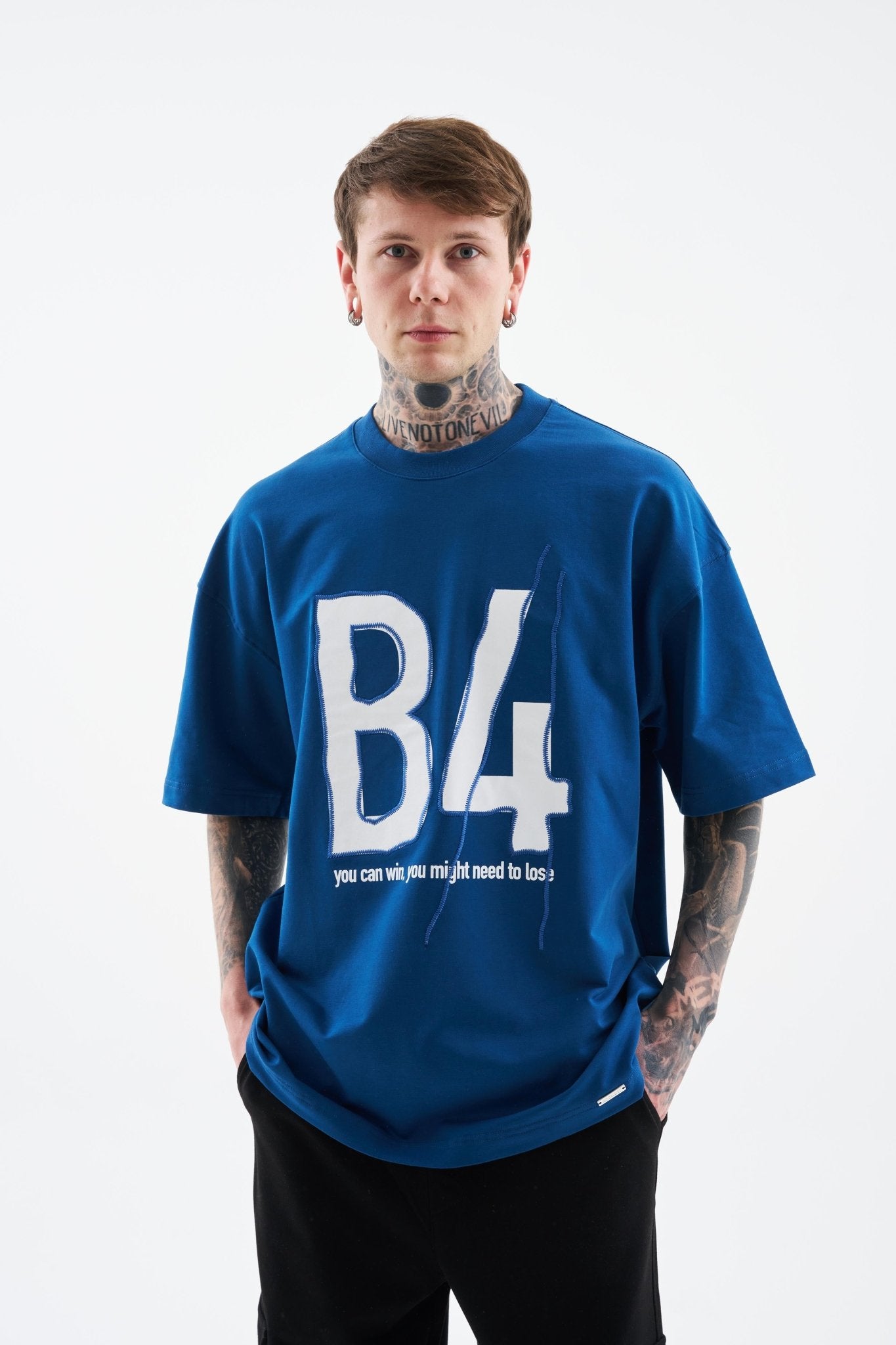 Erkek B4 Printed And Embroidered Oversi̇ze Ti̇şört Indigo