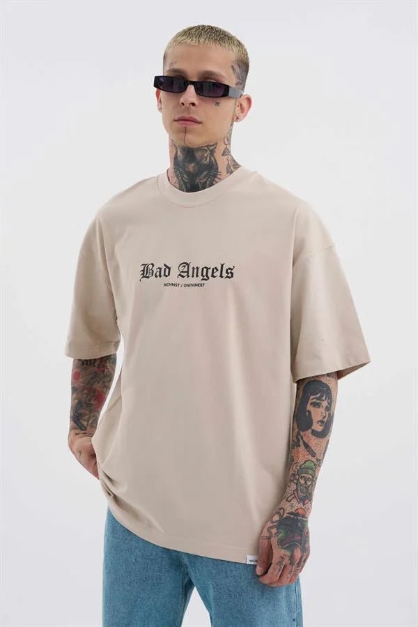 Erkek Bad Angels Baskılı Oversize Tişört Açık Bej