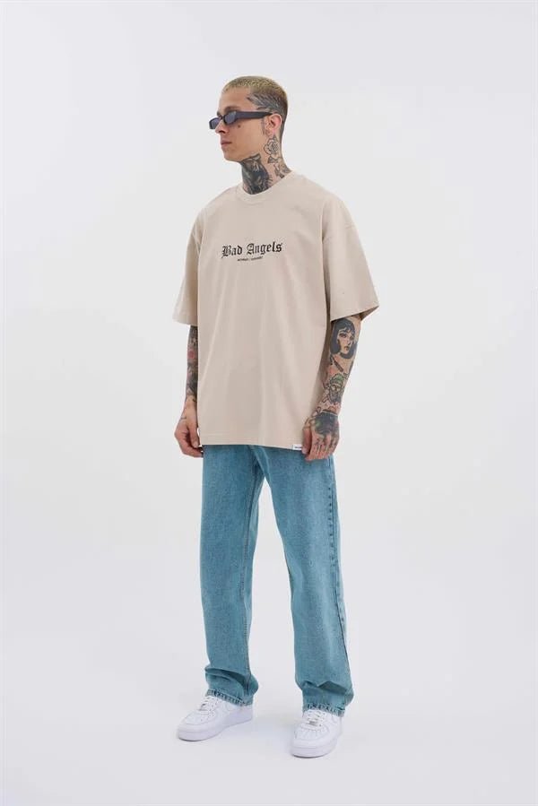 Erkek Bad Angels Baskılı Oversize Tişört Açık Bej