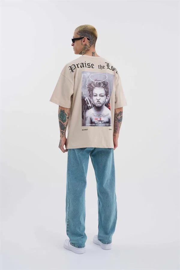 Erkek Bad Angels Baskılı Oversize Tişört Açık Bej