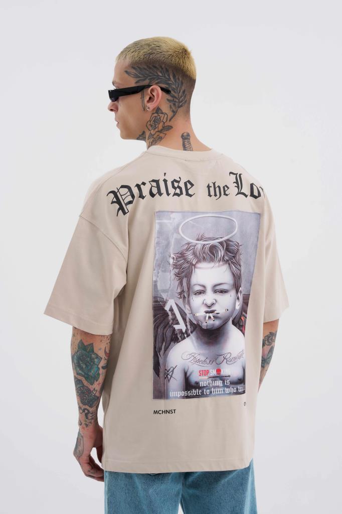 Erkek Bad Angels Baskılı Oversize Tişört Açık Bej