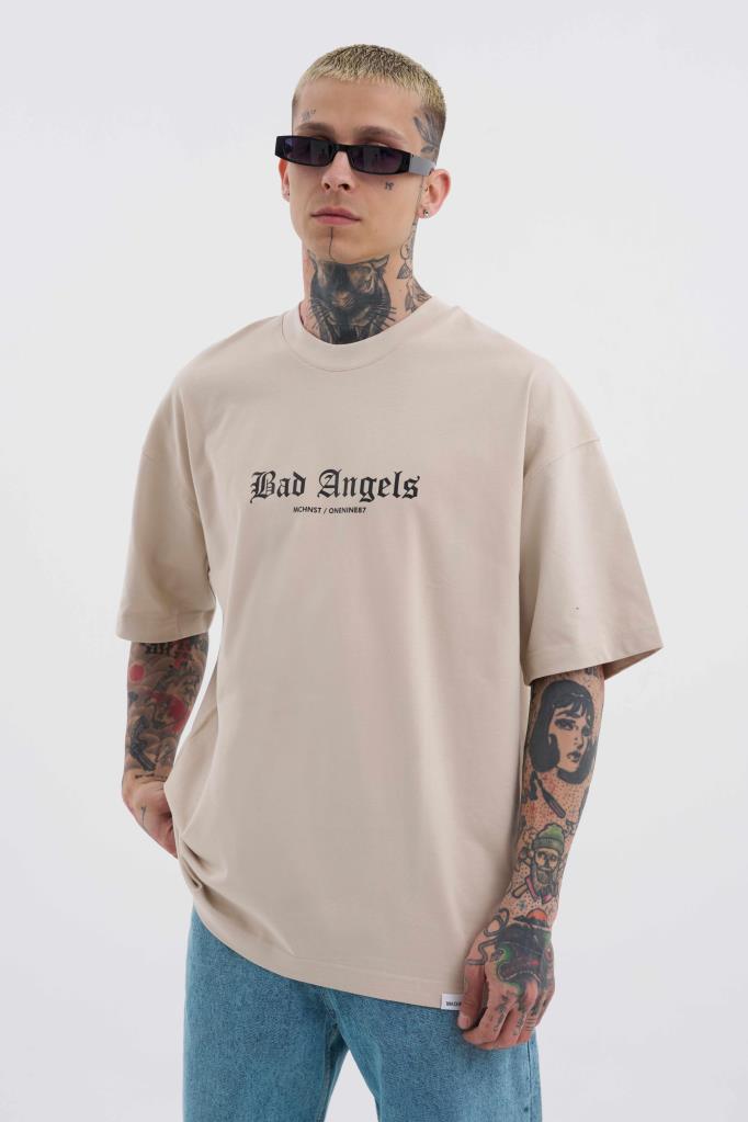 Erkek Bad Angels Baskılı Oversize Tişört Açık Bej