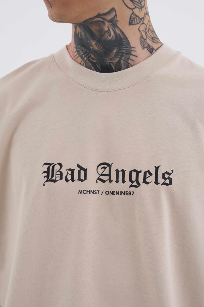 Erkek Bad Angels Baskılı Oversize Tişört Açık Bej