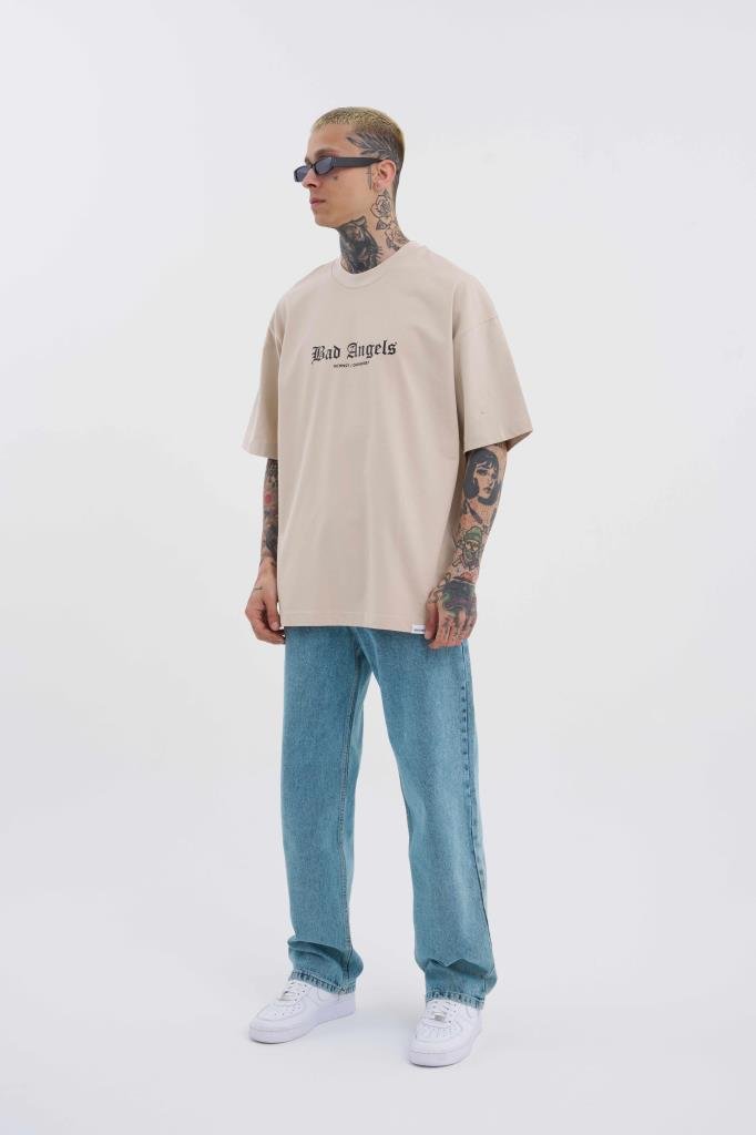 Erkek Bad Angels Baskılı Oversize Tişört Açık Bej