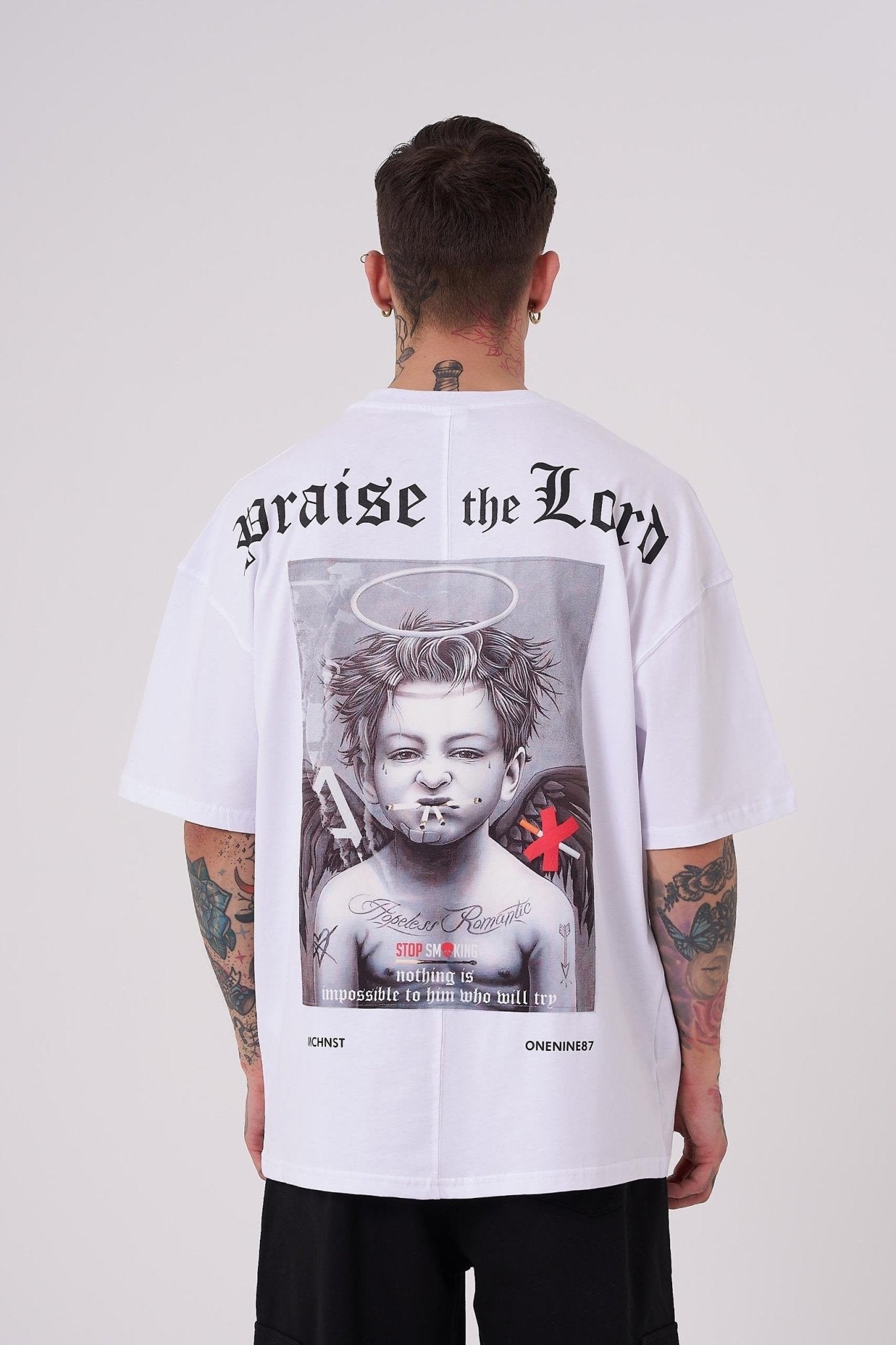 Erkek Bad Angels Baskılı Oversize Tişört Beyaz