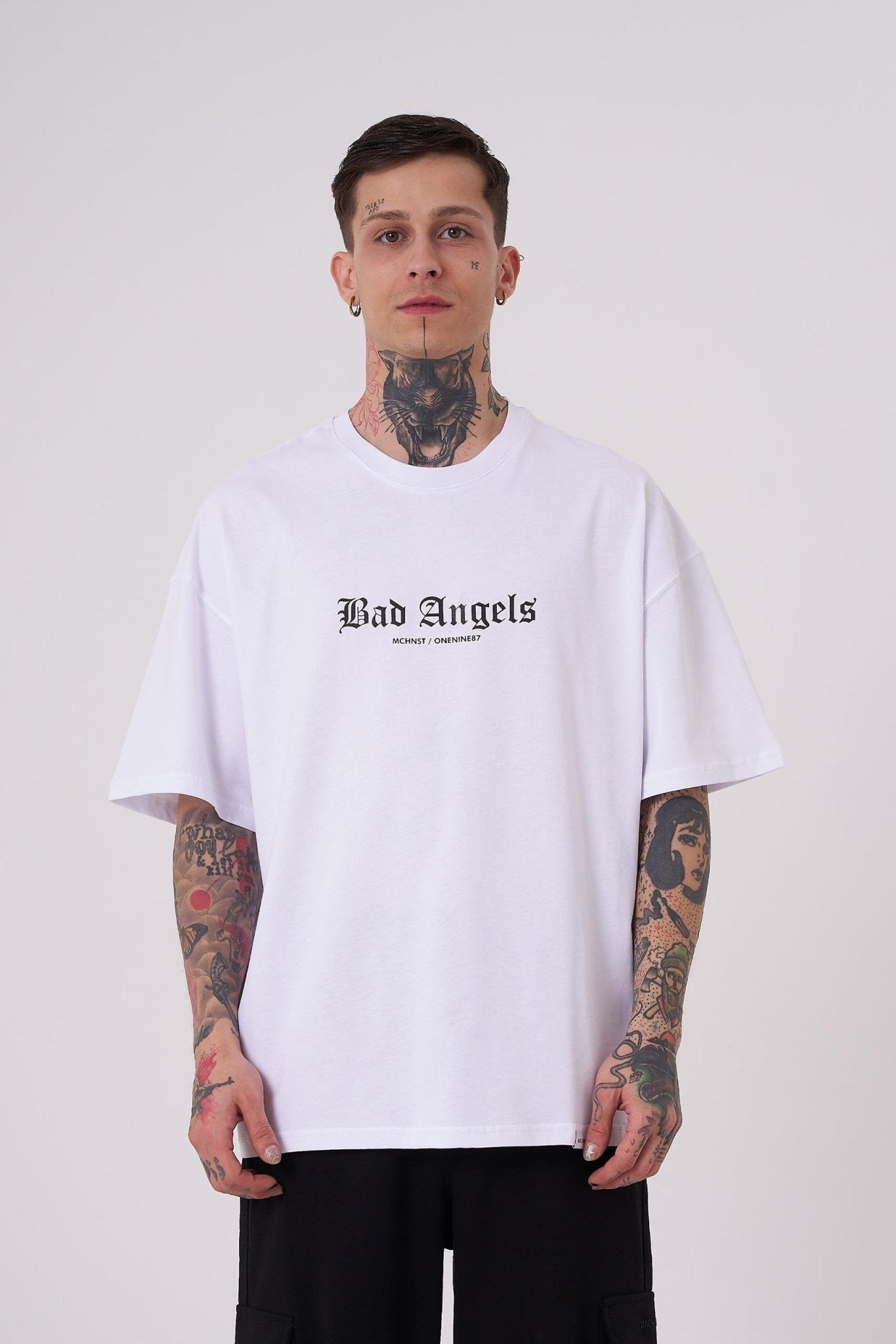 Erkek Bad Angels Baskılı Oversize Tişört Beyaz