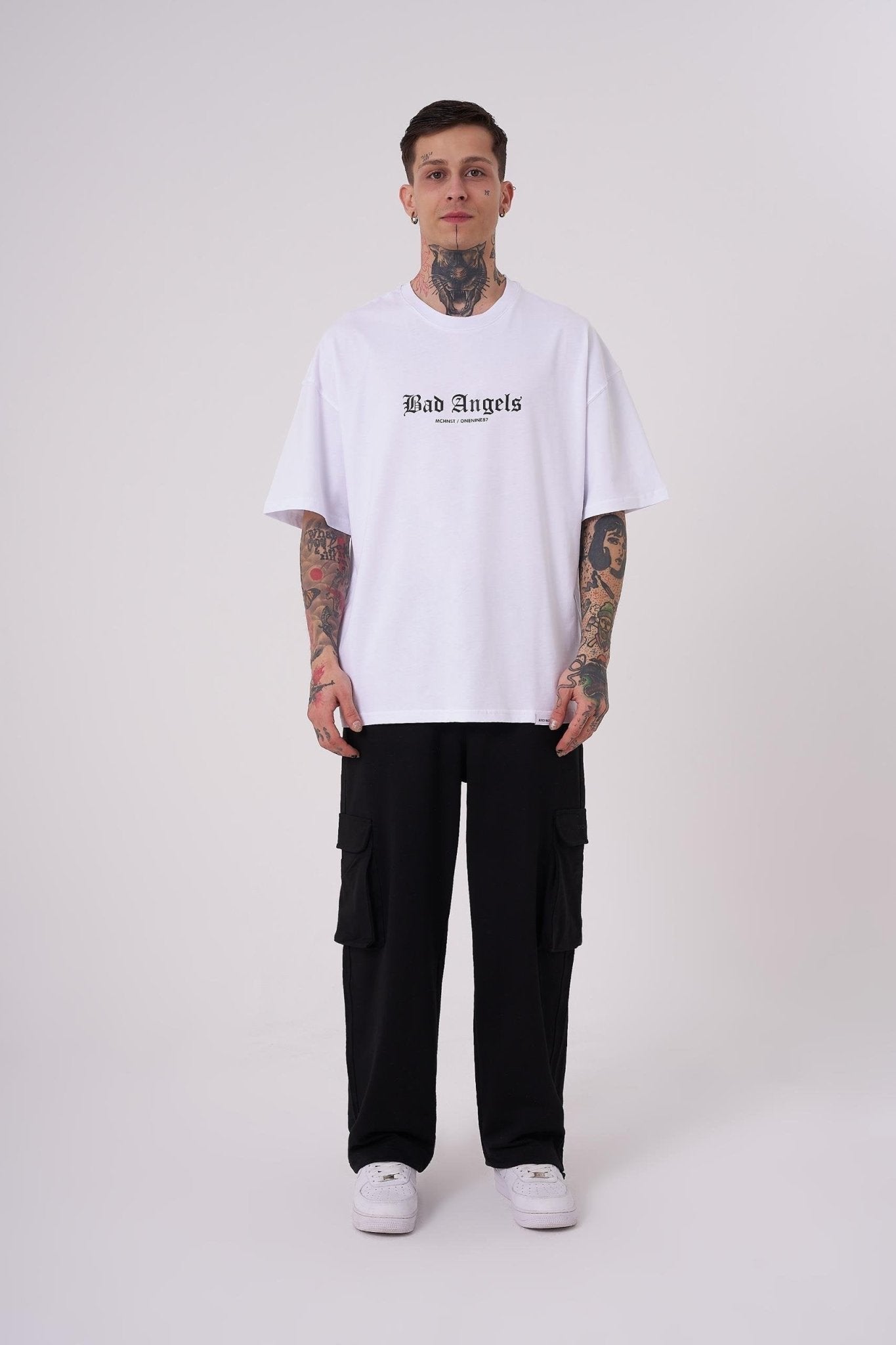 Erkek Bad Angels Baskılı Oversize Tişört Beyaz