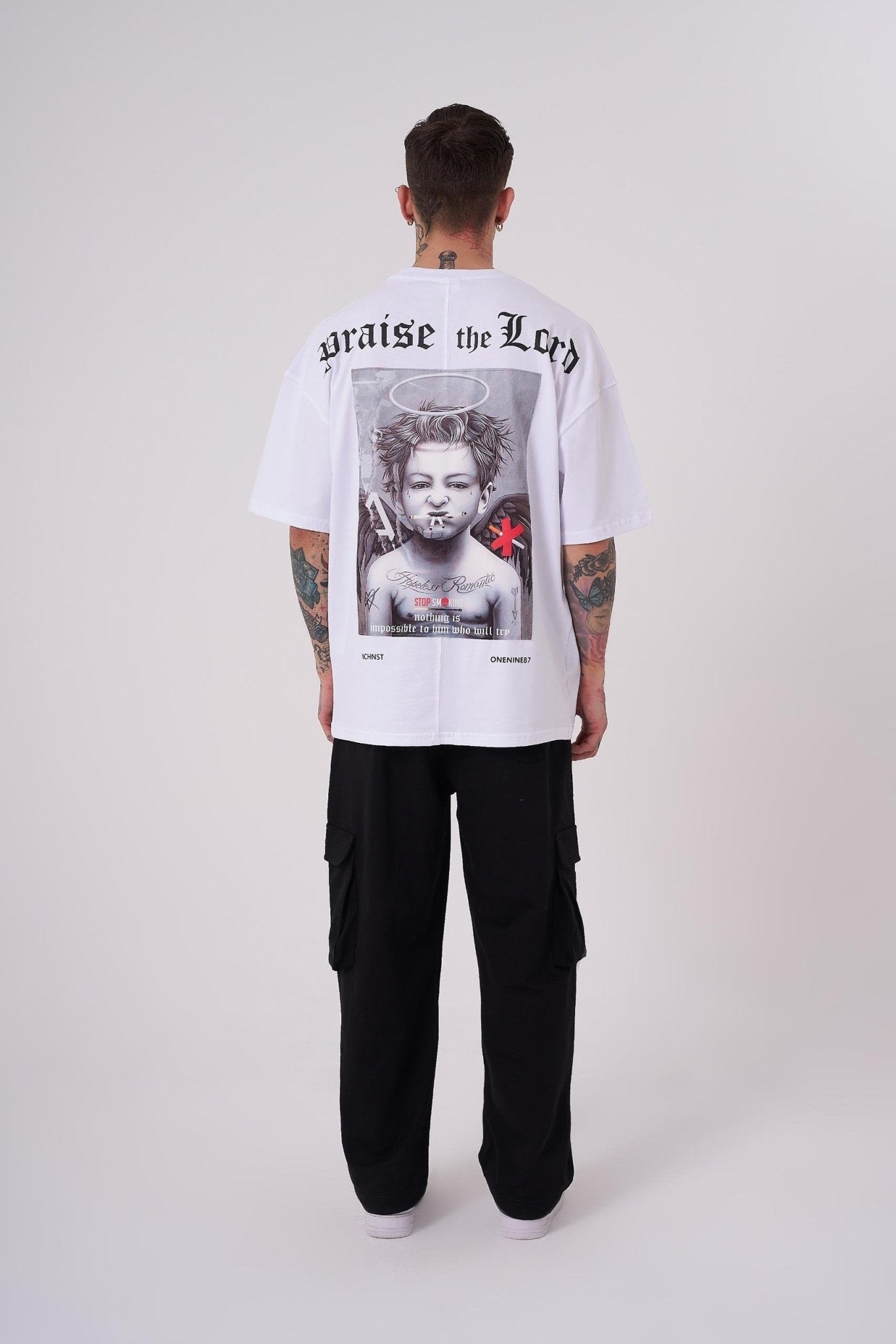 Erkek Bad Angels Baskılı Oversize Tişört Beyaz