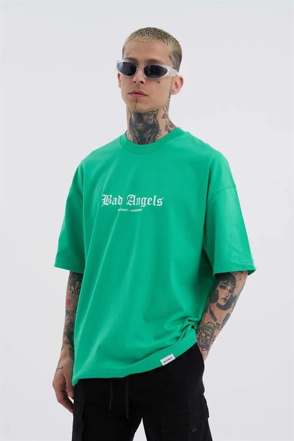 Erkek Bad Angels Baskılı Oversize Tişört Elektrik Yeşili