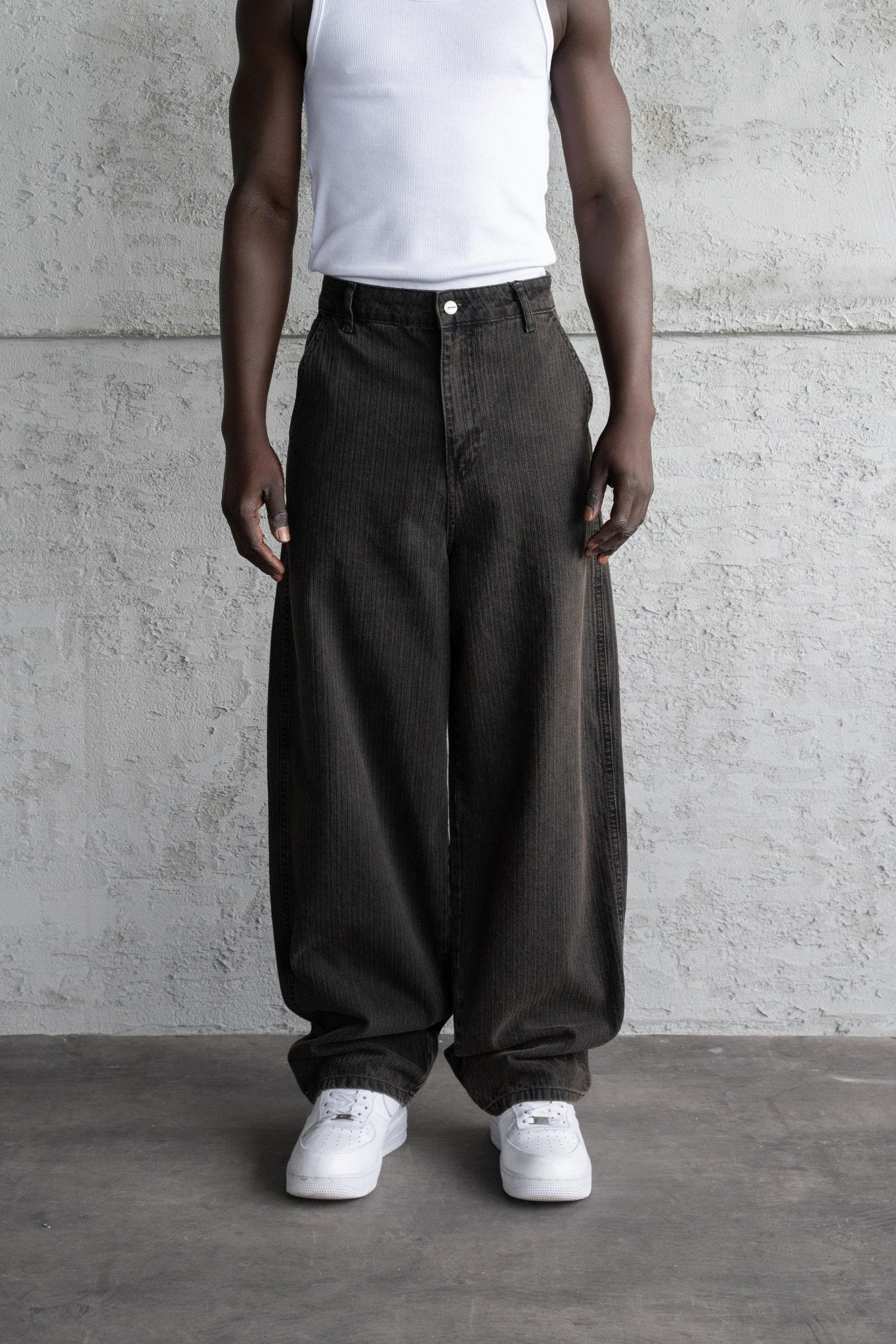 Erkek Baggy Çizgili Baloon Fit Jean Pantolon Siyah
