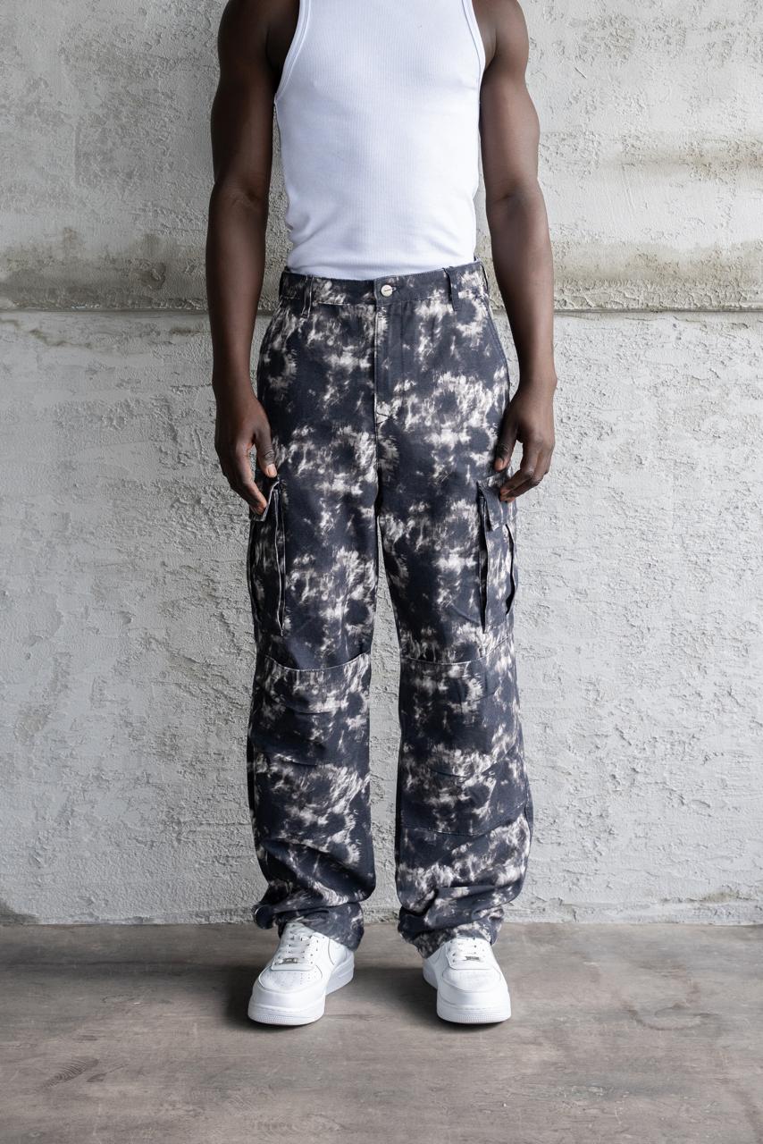 Erkek Baggy Desenli Kargo Jean Pantolon Siyah