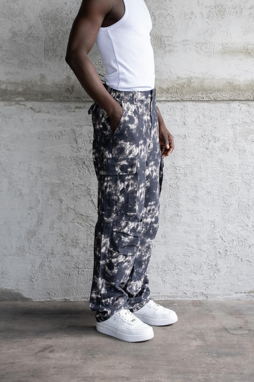 Erkek Baggy Desenli Kargo Jean Pantolon Siyah