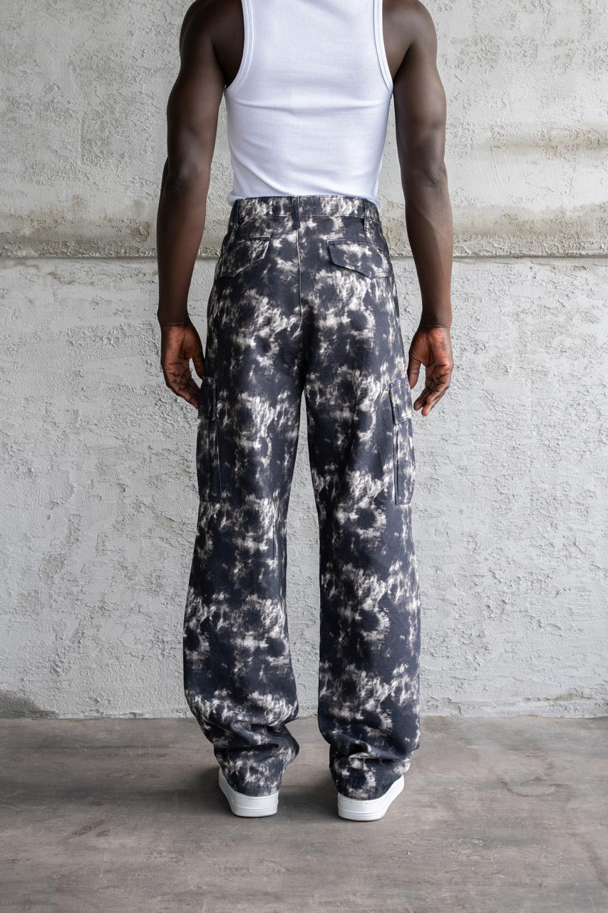 Erkek Baggy Desenli Kargo Jean Pantolon Siyah