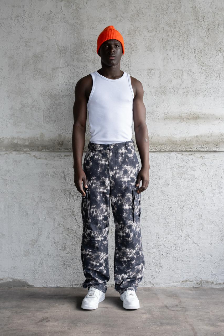 Erkek Baggy Desenli Kargo Jean Pantolon Siyah