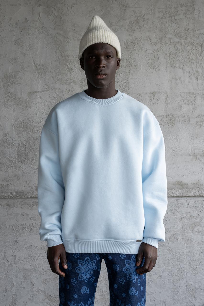 Erkek Basic Bisiklet Yaka Oversize Sweatshirt Açık Mavi