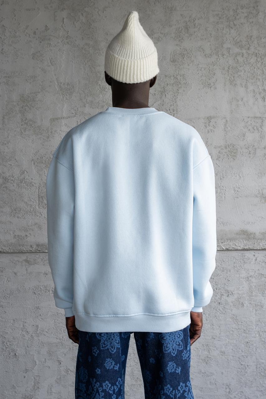 Erkek Basic Bisiklet Yaka Oversize Sweatshirt Açık Mavi