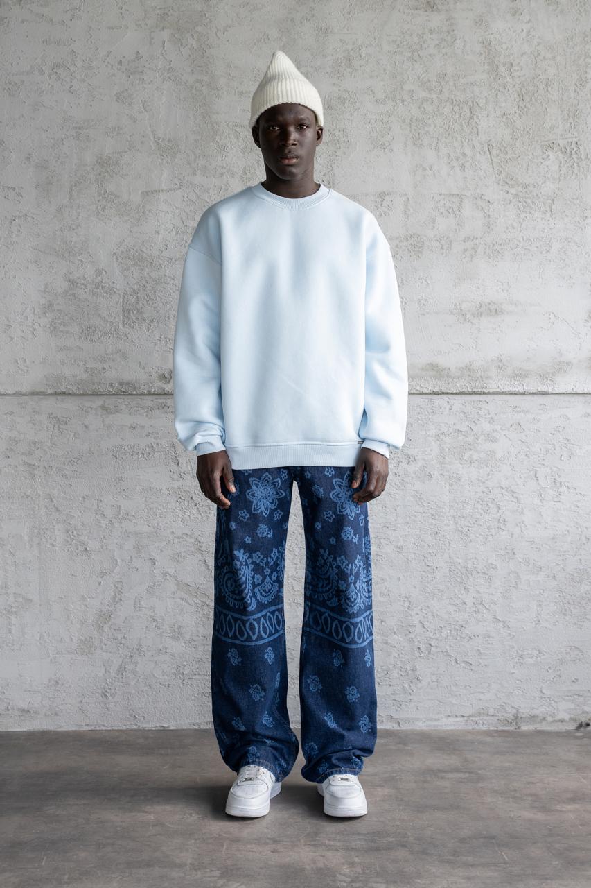 Erkek Basic Bisiklet Yaka Oversize Sweatshirt Açık Mavi