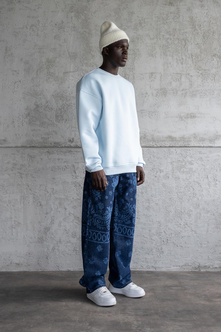 Erkek Basic Bisiklet Yaka Oversize Sweatshirt Açık Mavi
